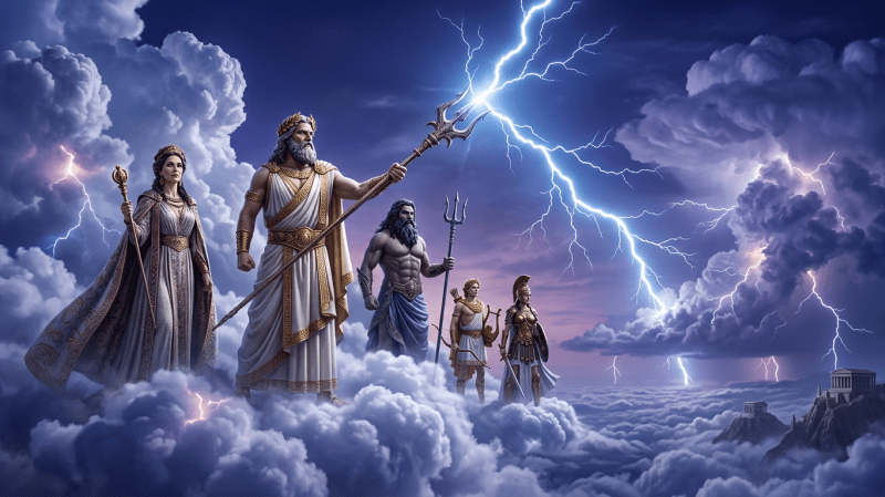 Greek gods standing on clouds with lightning and ancient temples in background